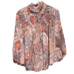 Tommy Hilfiger Paisley Print Blouse Top 3/4 Sleeve Ruffle Neck‎ Multicolor Large
